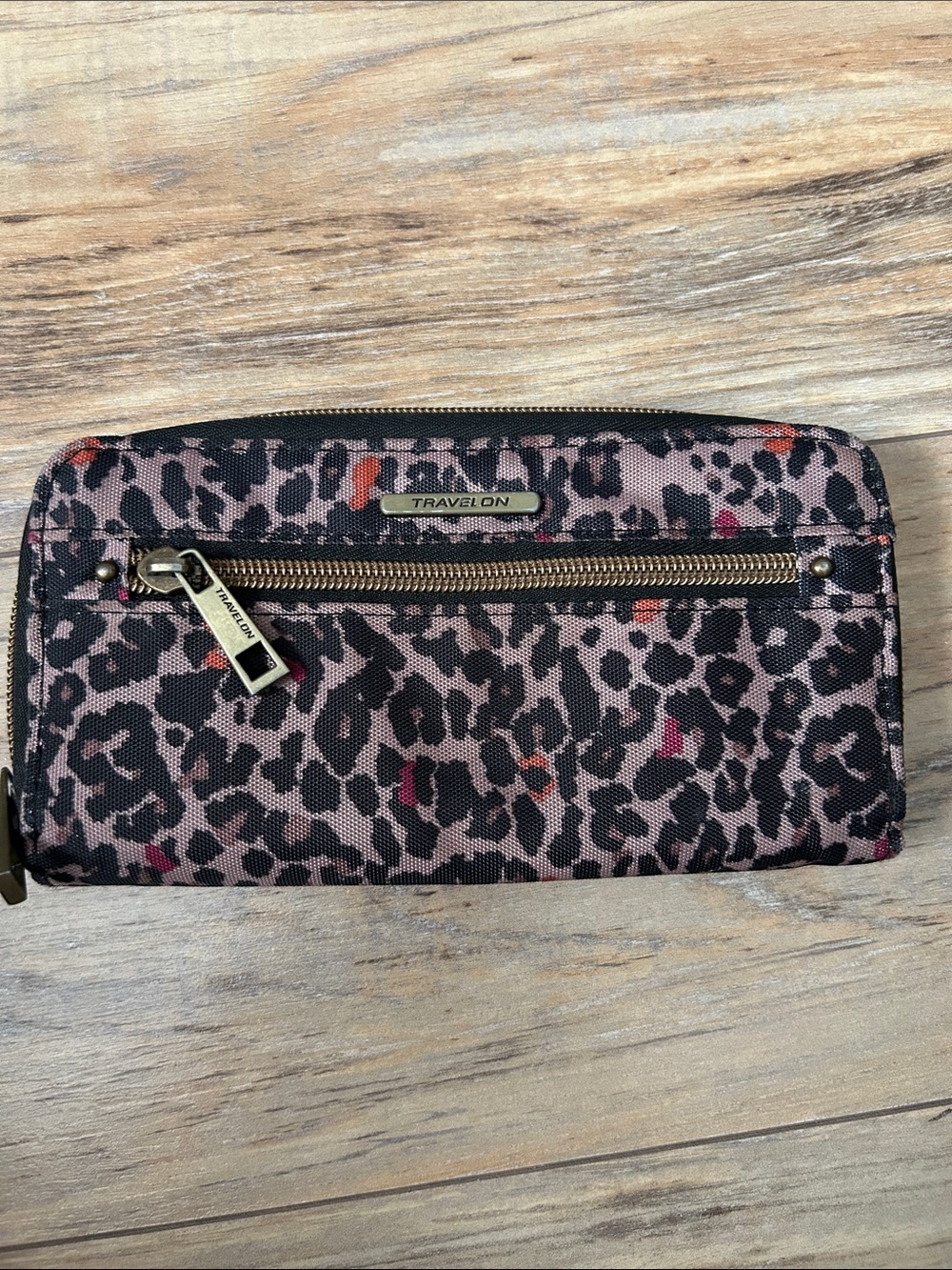 Travelon Pink and Black Leopard Print Zip Wallet with Brushed Gold Accents
